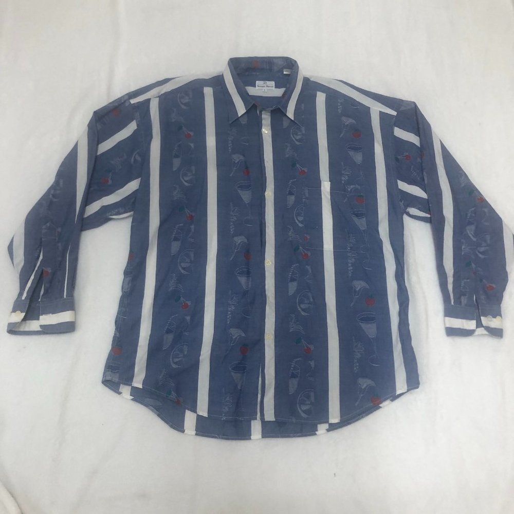 Vtg 70s Neiman Macus Tropical Button up striped size L button pocket Blue.
